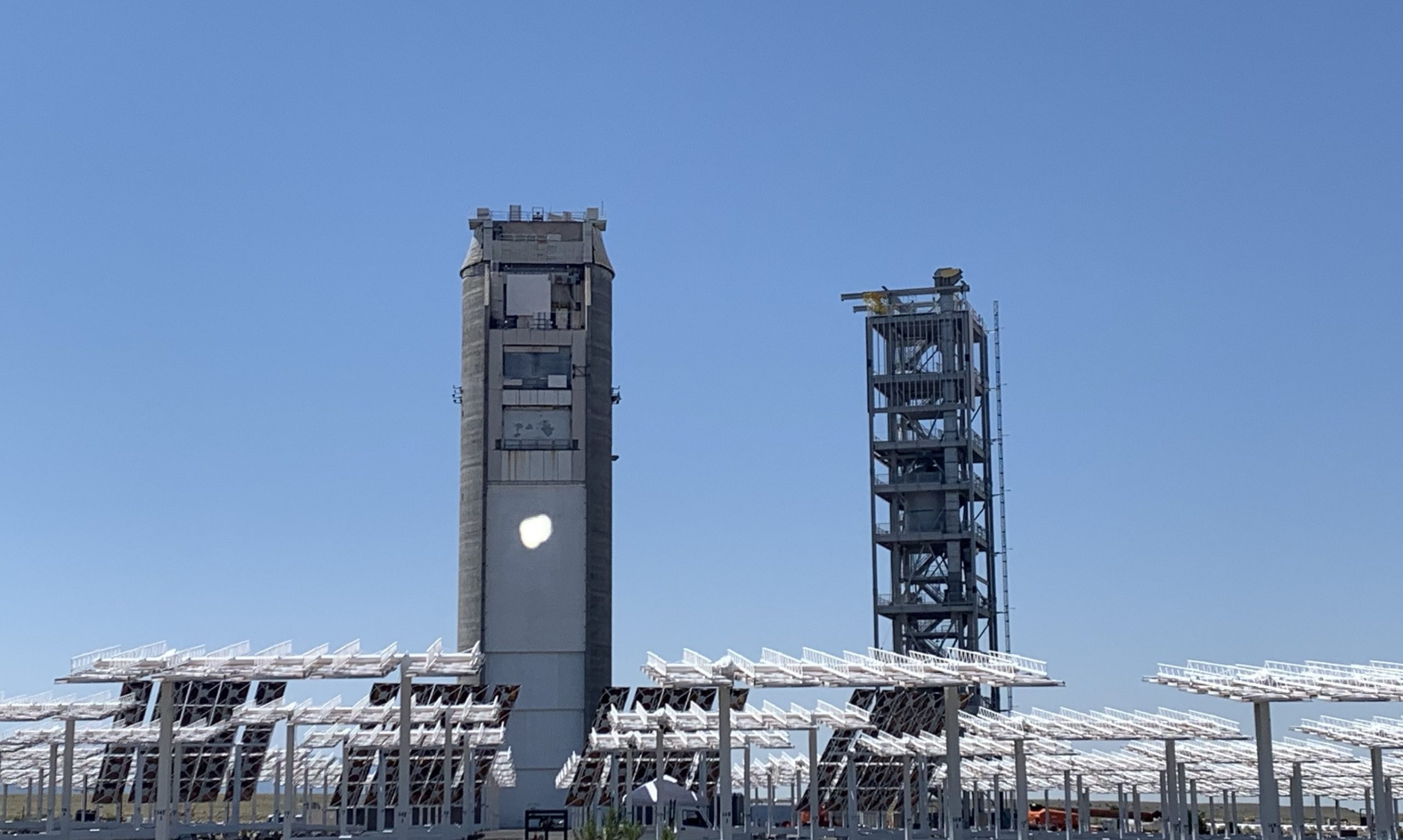 Image of Solar Tower 1 and the G3P3 tower at the National Solar Thermal Test Facility in Albuquerque, New Mexico.