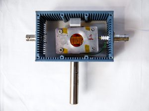 A test fixture for mounting free-standing detectors on polymer films in the proton beam. (Photo by Spencer Toy) Click on the thumbnail for a high-resolution image.