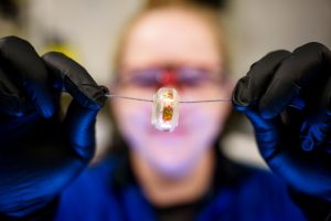 Sandia National Laboratories postdoctoral researcher Stephanie White holds up a prototype tamper-indicating device. The colored speckles make each device near-impossible to counterfeit, while the solution inside turns brown if the casing is cracked or the wire is pulled, indicating attempts to access whatever is behind the device.