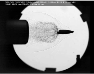 High-speed cameras capture the gas velocities and flow patterns as a bullet is fired through a Ridgeline suppressor, helping to determinegas flow rates inside the suppressor. (Photo courtesy of Ridgeline Manufacturing) Click on the thumbnail for a high-resolution image.