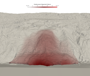Simulation of a landslide, conducted using Aperi software, featuring geometry derived from a high-resolution LiDAR scan of the unstable mountain in Oregon.  (Photo courtesy of Aperi Computational Mechanics Consulting) Click on the thumbnail for a high-resolution image.