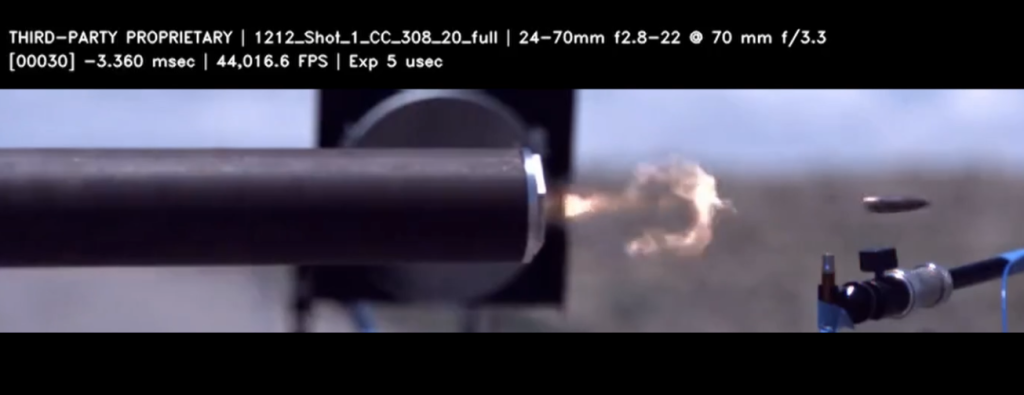 High-speed cameras capture the gas velocities and flow pattern as a bullet is fired through a Ridgeline suppressor.  (Photo courtesy of Ridgeline Manufacturing) Click on the thumbnail for a high-resolution image.