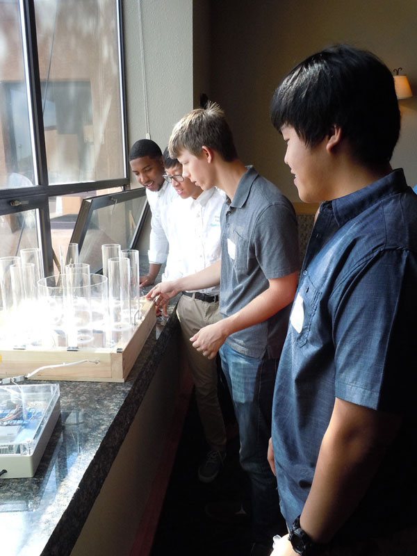 group of interns looks at plastic tubes filled with water