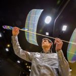 Brett Sanborn holds his indoor rubber-powered aircraft