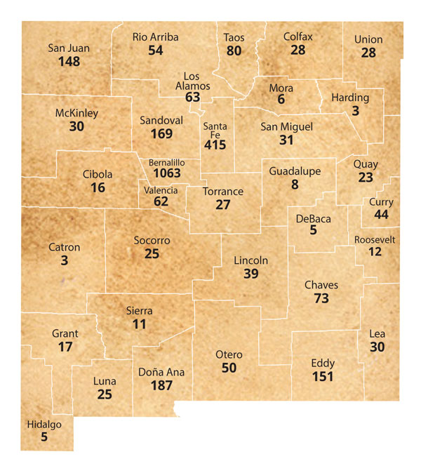 NM state map with number of projects per county