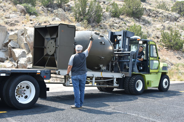 Fat Man nuclear weapon shell loaded on flatbed