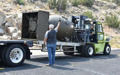 Fat Man nuclear weapon shell loaded on flatbed