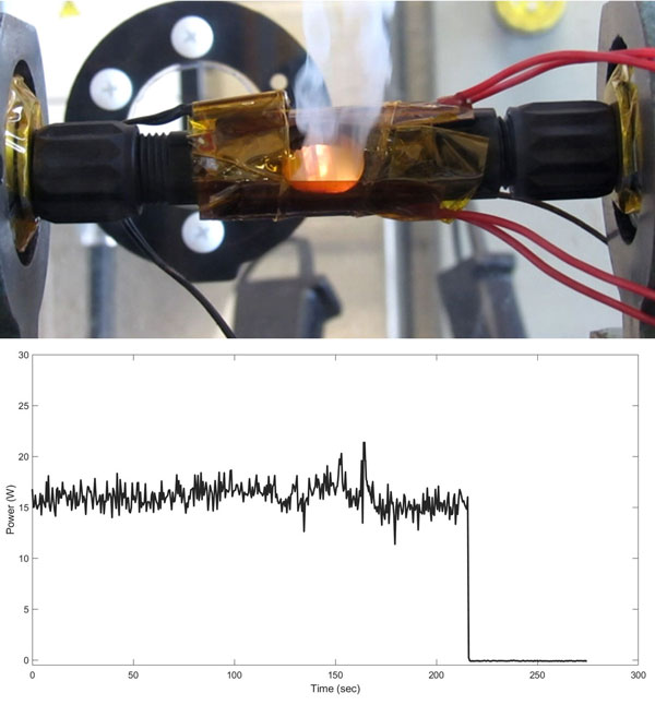 arc fault connector test and chart of voltage measurements