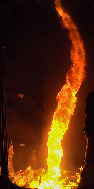 Fire whirls from a 3-meter diameter JP-8 test conducted in the FLAME facility. See video footage here.