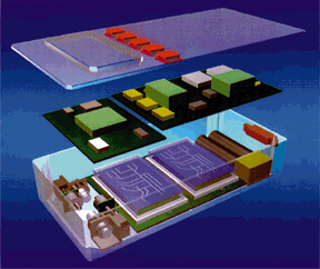 Image of LAB ON A CHIP DESIGN - Top level view shows pushbutton controls and viewing screen; mid-level encasements perform (l to r) computation and power management; and bottom (l to r) are pumps, gas and liquid analysis channels, and batteries.