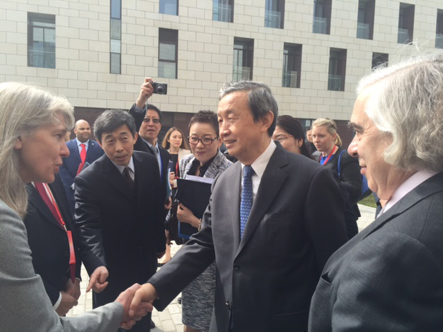 WITH?DOE Secretary Ernest Moniz looking on, Vice Premier Ma Kai of the People’s Republic of China greets Jill Hruby at a ceremony to commission the Chinese Center of Excellence for nuclear security.