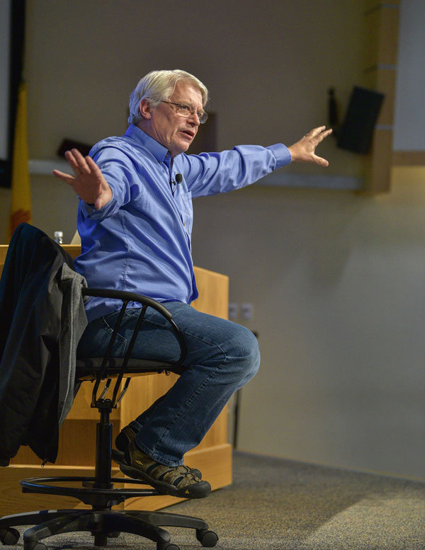 Bob Martin speaks to a live audience at Sandia
