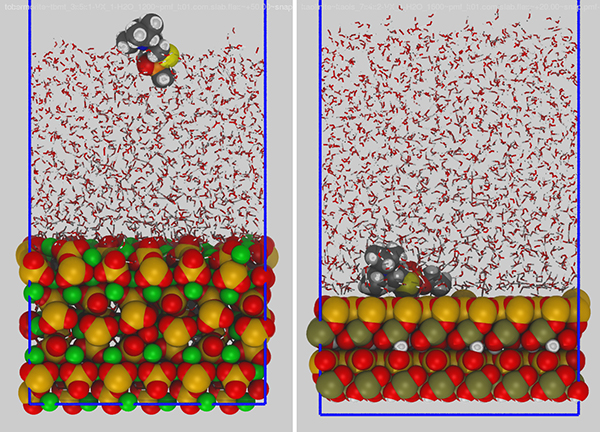 SIMULATION SNAPSHOTS showing a chemical agent interacting with different representative mineral surfaces in concrete. The chemical binds to some portions of concrete, but not others, complicating the clean-up process.