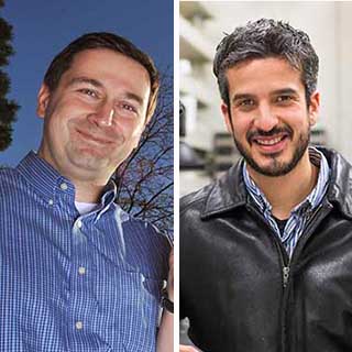 Murat Okandan, left, and Jose Luis Cruz Campa are on entrepreneurial leave from Sandia to try to bring “solar glitter” to the marketplace.