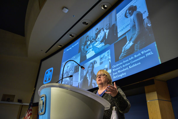 JOBS FOR WOMEN — During her presentation for the 70th anniversary of Sandia, historian Rebecca Ullrich highlighted the contributions of women and their roles at the Labs, from support staff to research to leadership.