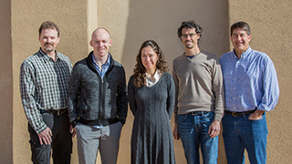 PREDICTING ICE SHEET LOSS – Left to right, Sandia National Laboratories researchers Mike Eldred, John Jakeman, Irina Demeshko, Mauro Perego and Andy Salinger are on the ice sheet project team. (Photo by Lloyd Wilson)