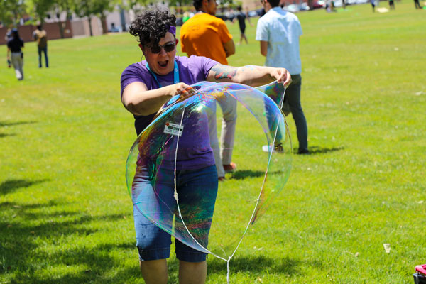 intern creates giant soap bubble