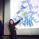 Researchers Matthew Mills, left, and Ken Sale, center, look on as researcher Amanda Kohler points toward a model of LigM, an enzyme whose structure they have solved.
