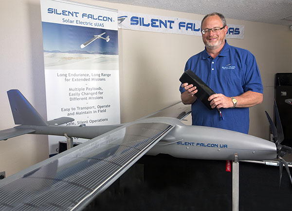 DRONE TECHNOLOGY − Dave Walker, chief operating officer of Silent Falcon UAS Technologies Inc. of Albuquerque, worked with a team of Sandians on smart battery software, hardware, programming, and chemistry for his company’s electric-powered drones. “No single company has all the expertise,” Walker says. “Sandia has all the disciplines in one place.” (Photo by Norman Johnson)