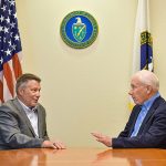 NNSA Sandia FIELD?OFFICE Manager Jeff Harrell, left, and Sandia Labs Director Steve Younger discuss ways to enhance the already-strong partnership between the Labs and NNSA to ensure mission success.           (Photo by Randy Montoya)