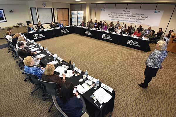 MODERATOR Jackie Kerby Moore, manager of Technology and Economic Development Dept. 1933, welcomes participants to the “Women Catalyzing Innovation in New Mexico: Growing our Economic Footprint ” roundtable discussion in the conference room at Sandia’s Center for Global Security & Cooperation.