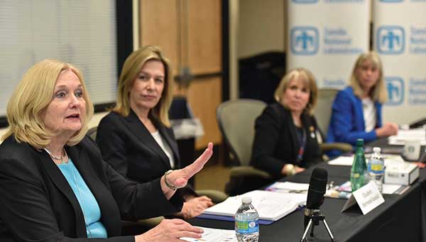 NNSA Principal Deputy Administrator Madelyn Creedon, left, DOE Deputy Secretary Elizabeth Sherwood-Randall, US Rep. Michelle Lujan Grisham, D-N.M., and Sandia President and Laboratories Director Jill Hruby participated in the “Women Catalyzing Innovation in New Mexico” roundtable discussion.