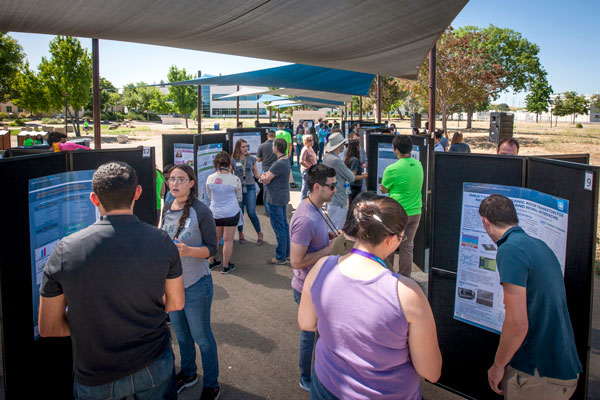 interns talk about their projects with visitors during the event