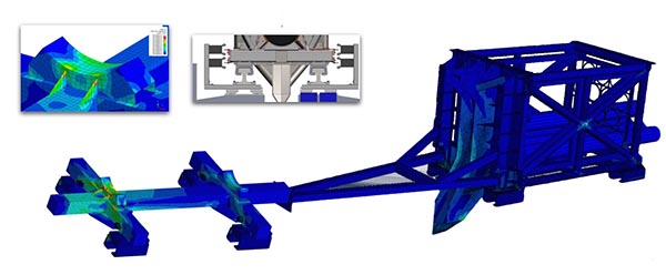 A 3-D SANDIA COMPUTER IMAGE shows a setup for a test on Sandia’s sled track. The image shows the sled, without a test unit, on the left, and the pusher rocket sled on the right. (Image courtesy of Energetic Environments Dept.)