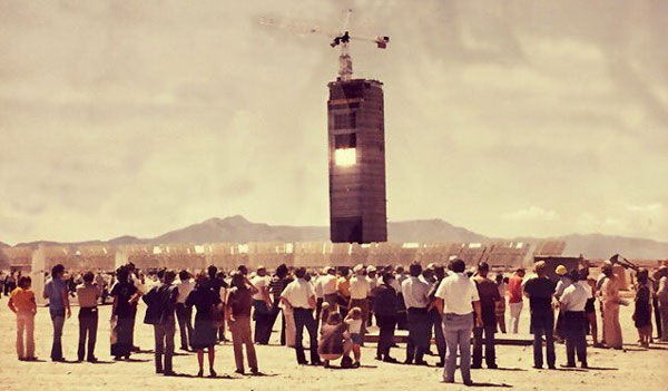 1970s photo of visitors at the newly built solar tower