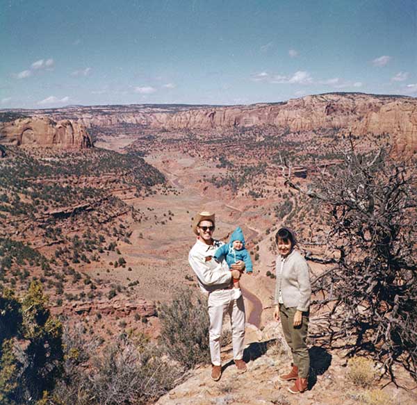 In the spring of 1966, Dr. Vall, his wife, and daughter — clad in moccasins — enjoyed the beauty of the Tuba City, Arizona, area.