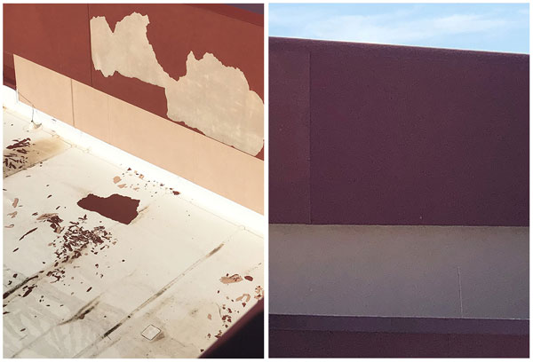 before and after photo of stucco wall repair