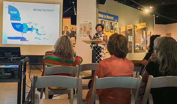 Spelman College Chemistry Department chair Leyte Winfield, above, along with colleague Kimberly Jackson, an associate chemistry professor at Spelman, offered concrete strategies to support women of color interested in STEM careers. The talk was sponsored by Sandia’s Women’s Action Network (SWAN), Sandia’s Black Leadership Committee (BLC), and the Women’s International Study Center.
