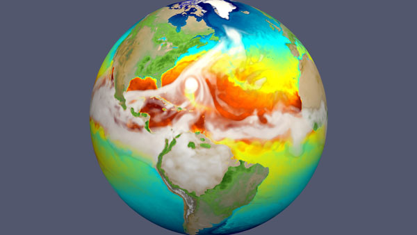 The image shows a supercomputer simulation of a hurricane approaching the U.S. east coast and the evolving sea surface temperatures in its wake. This type of hurricane would have surface winds exceeding 150 mph and would leave cold wakes that are 2 to 4 degrees Celsius cooler than their surroundings. This simulation also represents how the resultant cold wake would intensify the next hurricane. (Image courtesy of Oak Ridge National Laboratory)