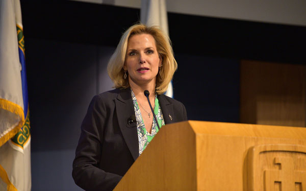 DOE Under Secretary Lisa Gordon-Hagerty addresses Sandia employees at an all-hands presentation on June 12.