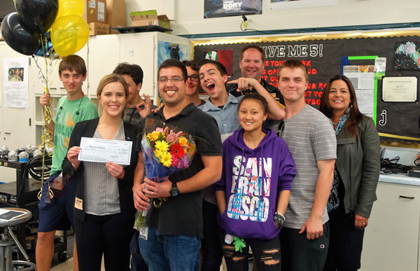 TOUTING TEACH — Miguel Baez, Granada High School computer science teacher, was recently surprised with the 2018 Sandia National Laboratories Excellence in Teaching Award. (Photo courtesy of Sandia National Laboratories)