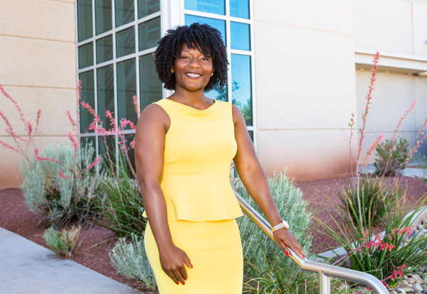 MATERIALS SCIENTIST — Olivia Underwood hopes to inspire others through her work with Sandia’s Hands-On, Minds-On Technologies program. Olivia, a postdoctoral research assistant turned team lead, was the first African-American to receive a doctorate in materials science from the University of Alabama Huntsville. (Photo by Stephanie Blackwell)