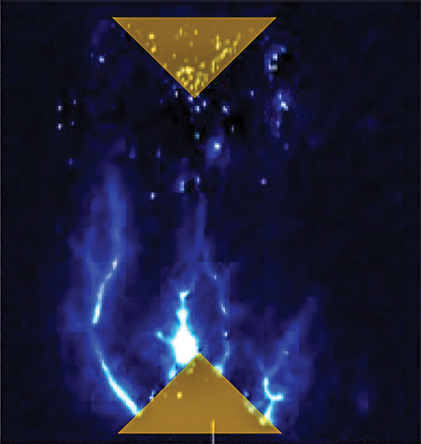 SURFACE MATTER — Plasma forms on the surface of a dielectric surface in air. The image was obtained using a sensitive CCD camera. (Photo courtesy of Ed Barnat)