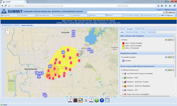 SUMMIT IN ACTION — The screenshot shows the SUMMIT tool during an exercise simulating a terrorist attack in which an improvised explosive device produced a hazardous plume. The software helped exercise participants calculate health impacts and medical surge requirements, and analyze evacuation routes and timing issues. (Image courtesy of Sandia National Laboratories)