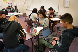 Students at Technology Leadership High work on laptop computers donated by Sandia. “We’ve had a successful launch and solid start,” says Velina Chavez, the school’s director of community engagement. “It has to do with the students who are here. They are dedicated. We know we’re doing good when they show up every day and work hard.” The school is one of three in the Leadership Network, along with Health Leadership and Architecture, Construction and Engineering, or ACE.