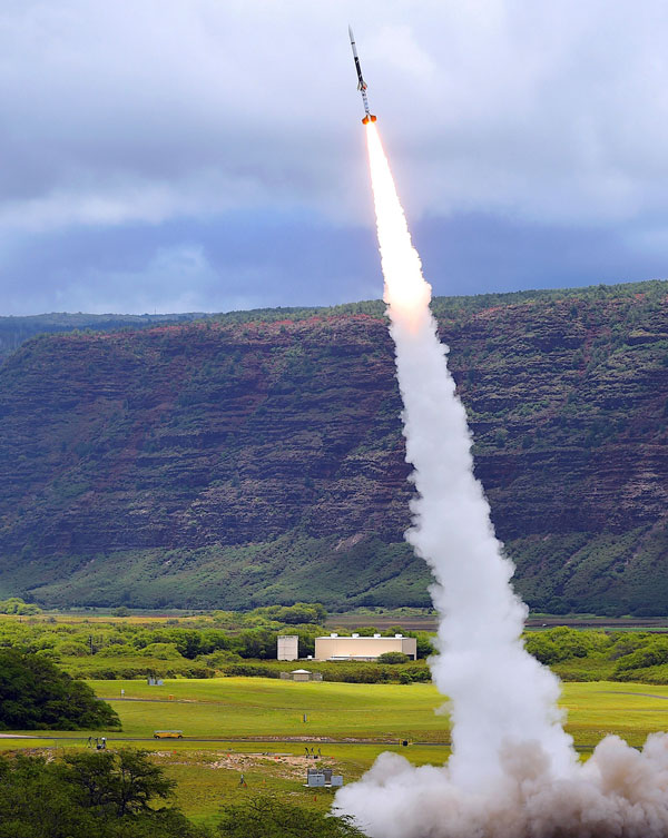 LIFT OFF — The first HOT SHOT flight, shown here, launched from Sandia’s Kauai Test Facility in Hawaii. (Photo by Mike Bejarano and Mark Olona)