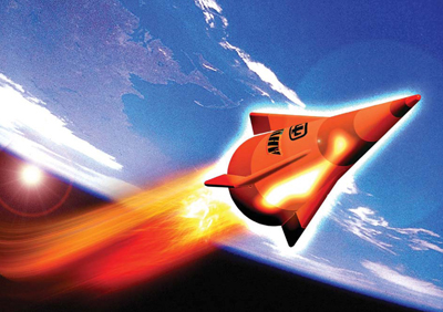 The US ArmyÕs Advanced Hypersonic Weapon on a non-ballistic flight path after launch from SandiaÕs Kauai Test Facility. (Illustration courtesy of Sandia National Laboratories)