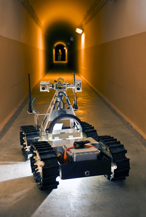 Sandia's Gemini-Scout Mine Rescue Robot is equipped to handle any number of obstacles, including rubble piles and flooded rooms, to help rescuers reach trapped miners safely and efficiently.	(Photo by Randy Montoya)