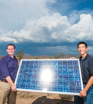 Image of <p>Cliff Ho, right, and Cianan Sims were recognized with an R&D 100 award for the Solar Glare Hazard Analysis Tool. Other sandia winners, pictured below, include Bruce Burckel headed a team that was recognized for the Membrane Projection Lithography team and Mike Heroux, who led a large team of people at Sandia and elsewhere that was recognized for Mantevo Suite 1.0. (Photos by Randy Montoya)</p>