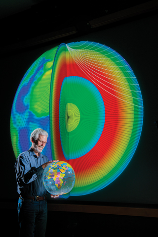 Image of <p>SANDIA RESEARCHER Sandy Ballard and colleagues from Sandia and Los Alamos National Laboratory have developed SALSA3D, a 3-D model of the Earth’s mantle and crust designed to help pinpoint the location of all types of explosions.    (Photo by Randy Montoya)</p>