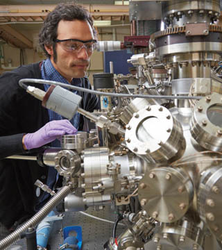 FARID EL GABALY (8656) aligns an LFP Li-battery electrode sample for chemical characterization with X-ray photoelectron spectroscopy (XPS). The samples will then be thinly sliced for state-of-the-art synchrotron X-ray microscopy. (Photo by Jeff McMillan)