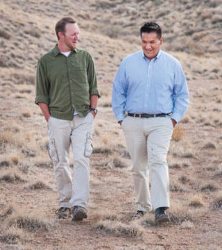 Image of <p>BROTHERS IN ARMS — Jason Shelton (2998), left, and John Bailon (5627) reminisce while walking in terrain at Sandia Labs that reminds them of Iraq. They both fought for the US military in Operation Iraqi Freedom. (Photo by Randy Montoya)</p>
