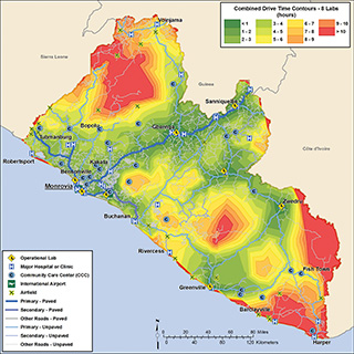 Sandia researchers mapped Ebola treatment units, diagnostic labs, routes and drive times across Liberia to reduce the time it takes for patients’ blood samples to reach labs for testing. The information in this map helped inform the analysis used to recommend a sample transport system so Liberia could more quickly diagnose patients.	(Image courtesy of Sandia National Laboratories)