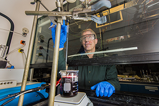 Graham Yelton and Sandia colleagues have developed a single electroforming technique that tailors key factors to better thermoelectric performance: crystal orientation, crystal size and alloy uniformity. The work is outlined a paper, “Using Galvanostatic Electroforming of Bi1-xSbx Nanowires to Control Composition, Crystallinity and Orientation,” in the Jan. 28 edition of the Materials Research Society’s MRS Bulletin.	(Photo by Randy Montoya)