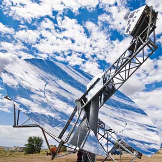 The Suncatcherª is the outcome of a collaboration between Sandia researchers and engineers from Stirling Energy Systems, who work together at the National Solar Thermal Test Facility in Albuquerque. This radial design is being produced today.	(Photo by Randy Montoya)