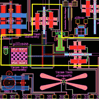 A PLAYABLE CHESSBOARD (just left of center in the image above) is one of numerous components on the Texas Tech winning entry in this yearÕs MEMS challenge.